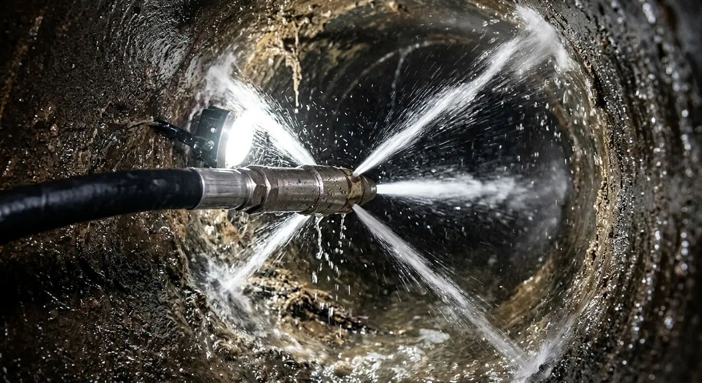 High-pressure hydro jetting nozzle cleaning sewer pipe for Storm Drain Cleaning in Pensacola