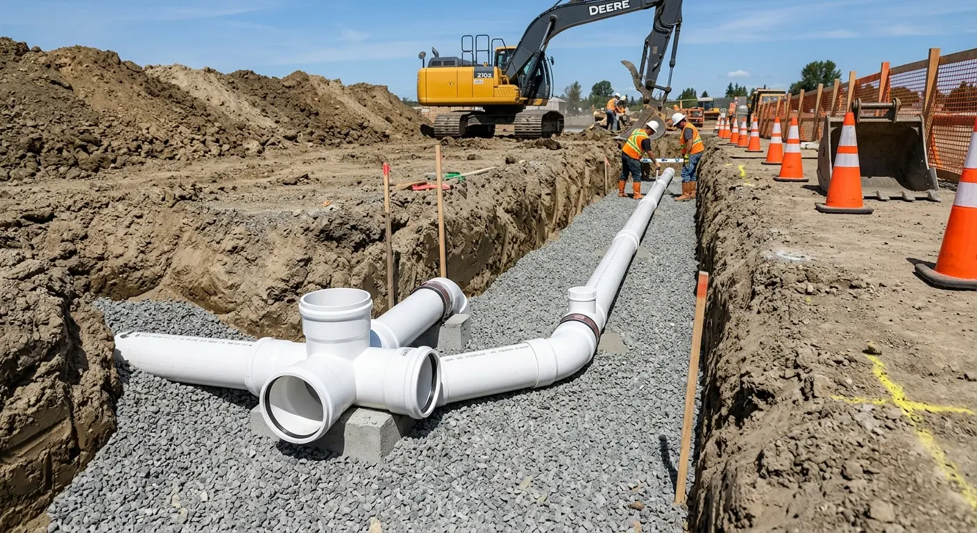 New PVC sewer pipe installation in open trench for Sewer Backup in Pensacola