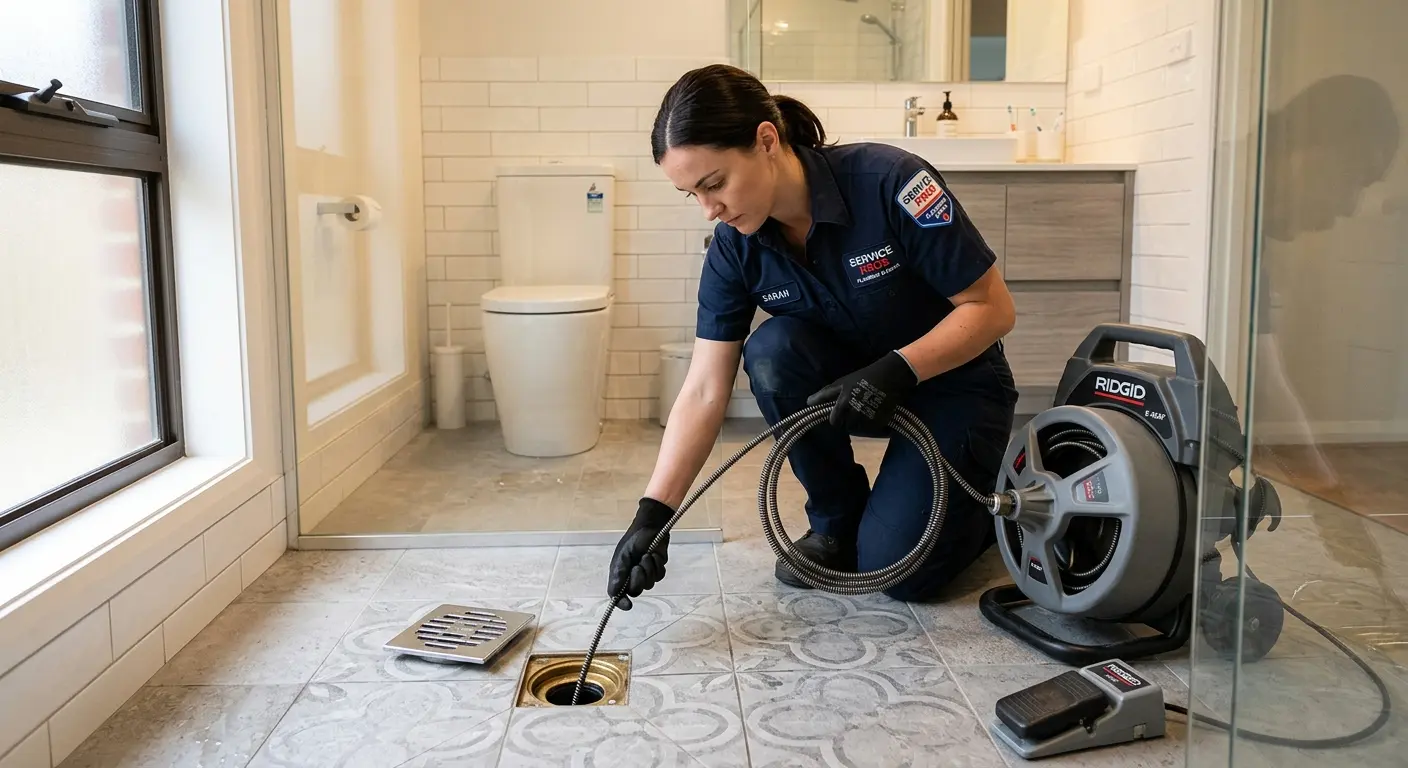 Technician clearing a bathroom floor drain for Hydro Jetting in Pensacola